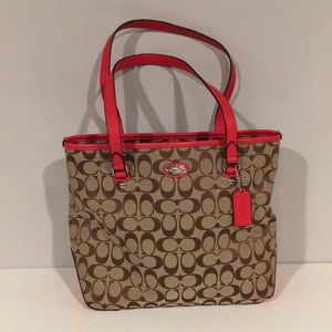 Coach Signature Zip Top Tote Khaki/Cardinal